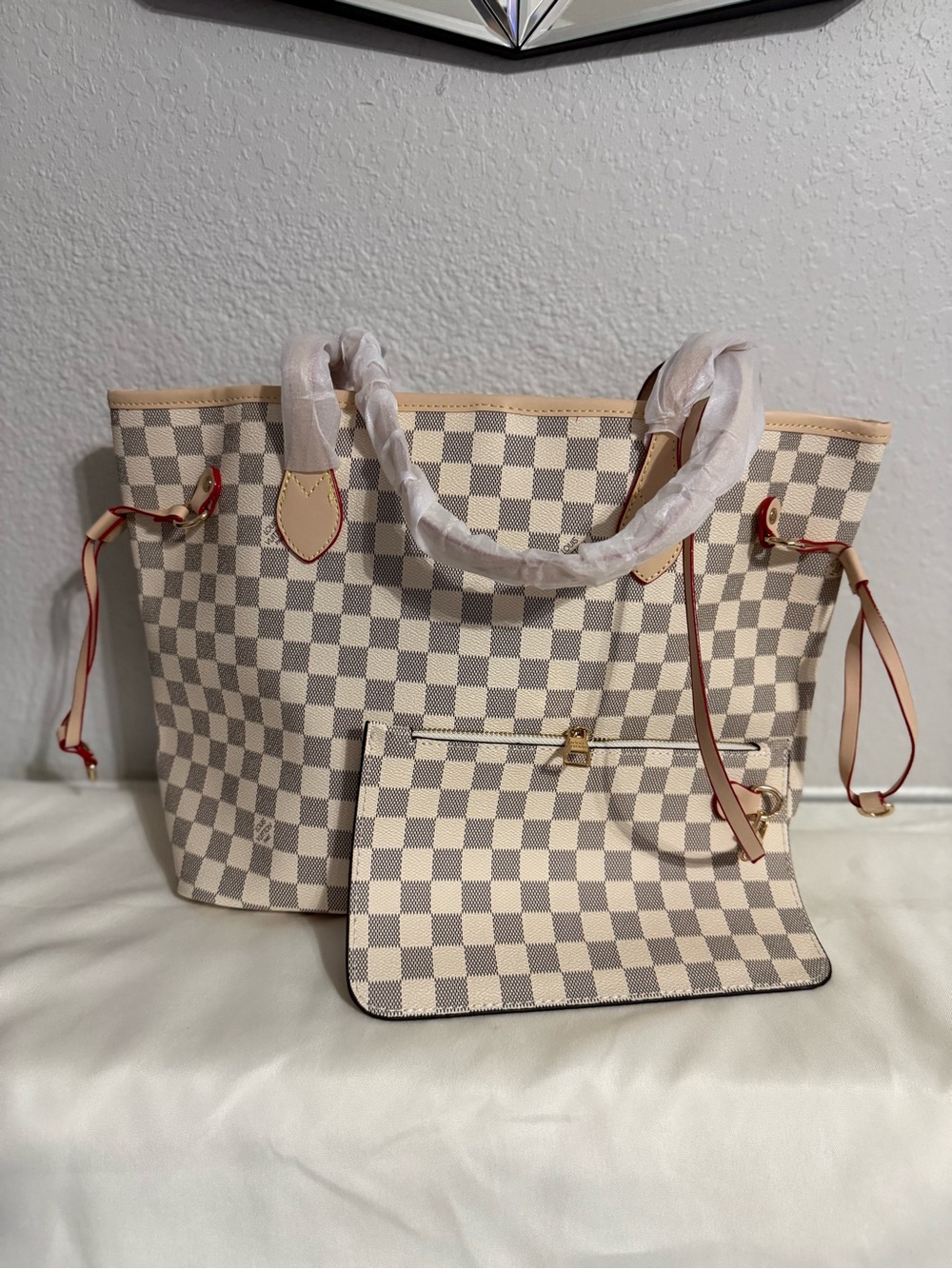 Designer Neutral Checkered Tote Bag with Pouch NEW- LARGE